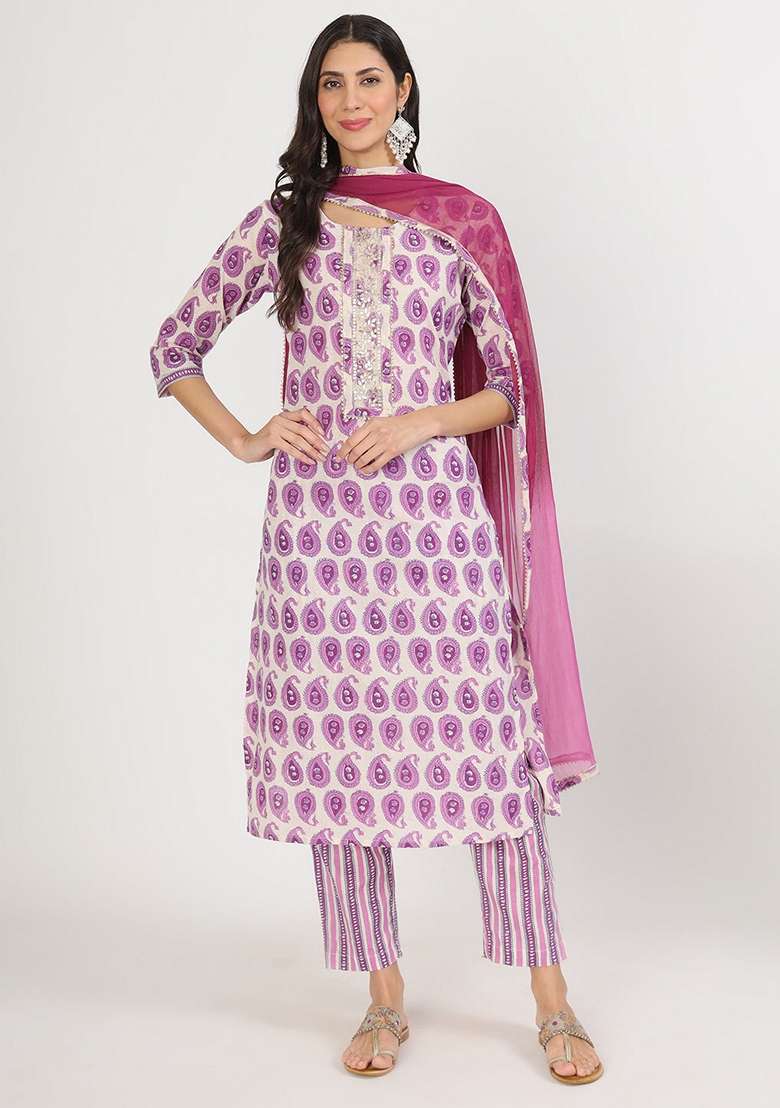 Purple Printed Cotton Straight Kurta Set - Indya
