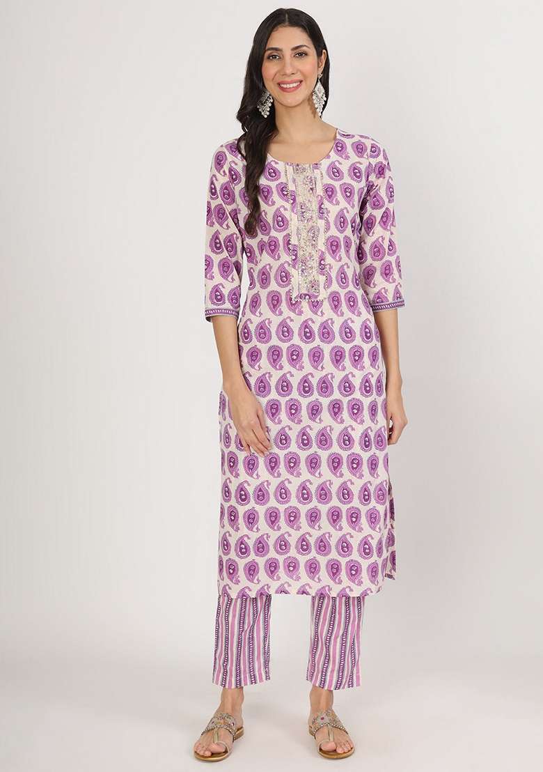 Purple Printed Cotton Straight Kurta Set - Indya