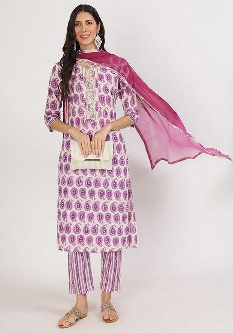 Purple Floral Print Pure Cotton Kurta Set