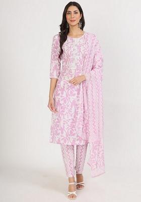Purple Floral Print Pure Cotton Kurta Set
