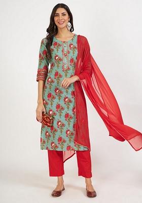 Green Floral Print Pure Cotton Kurta Set