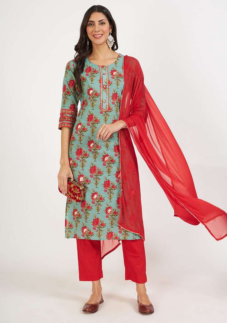 Green Embroidered Cotton Straight Kurta Set - Indya