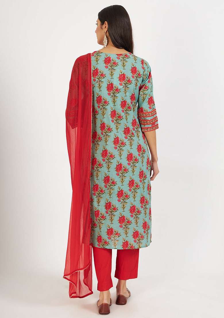 Green Embroidered Cotton Straight Kurta Set - Indya