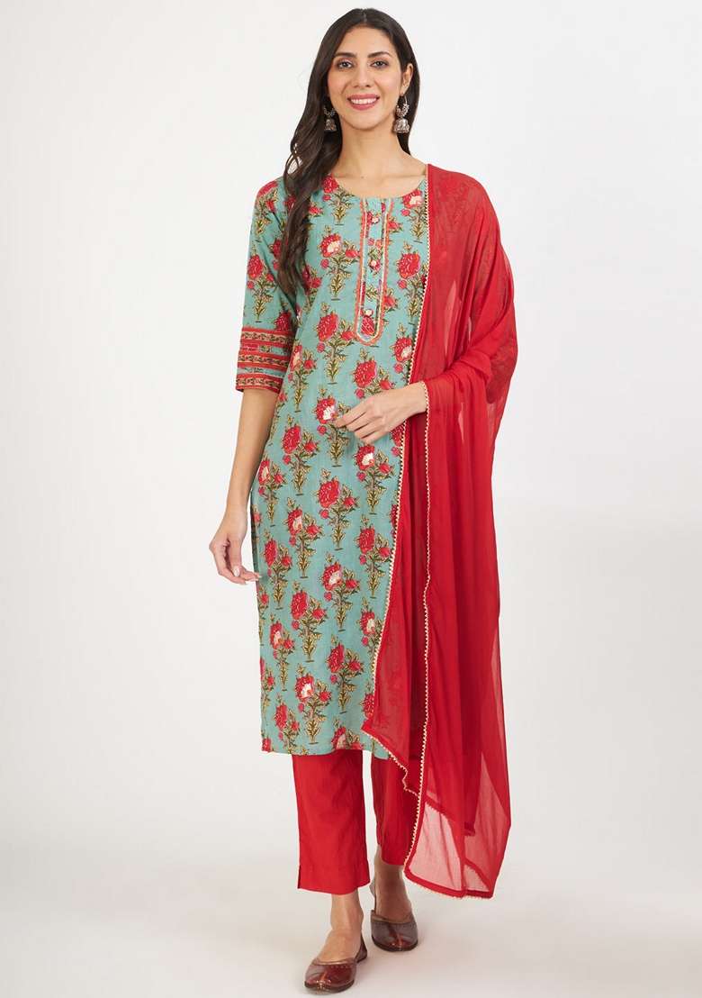Green Embroidered Cotton Straight Kurta Set - Indya