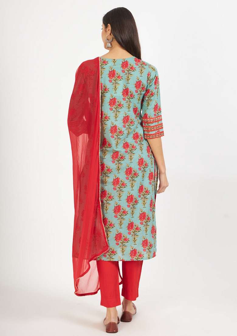 Green Embroidered Cotton Straight Kurta Set - Indya