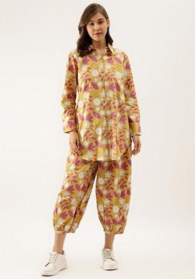 Mustard Floral Print Cotton Kurta Set