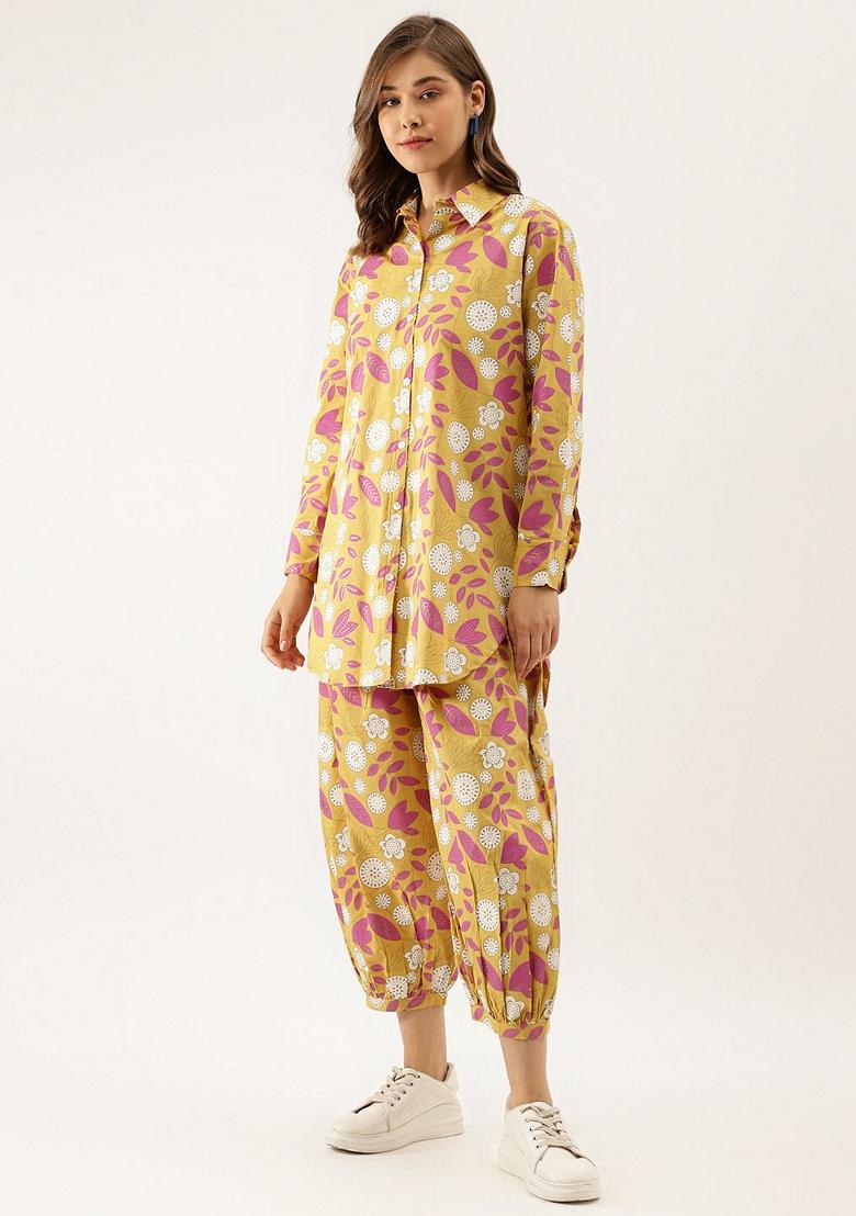 Mustard Floral Print Cotton Kurta Set - Indya