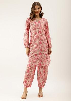 Pink Floral Print Cotton Kurta Set