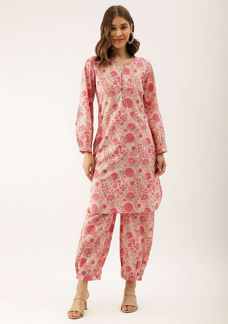 Pink Floral Print Cotton Co Ord Set - Indya