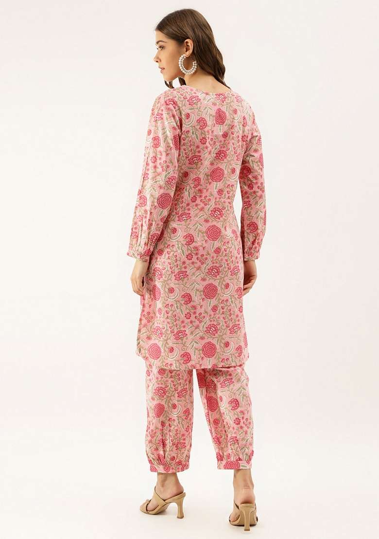 Pink Floral Print Cotton Co Ord Set - Indya