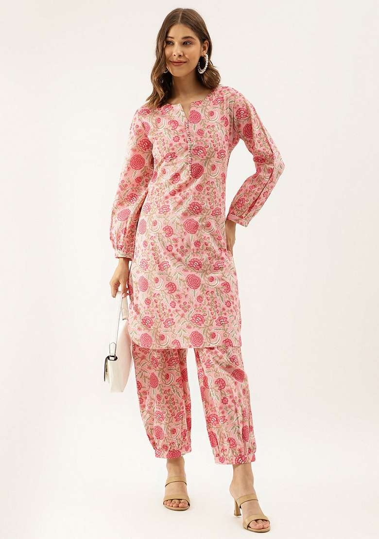 Pink Floral Print Cotton Co Ord Set - Indya