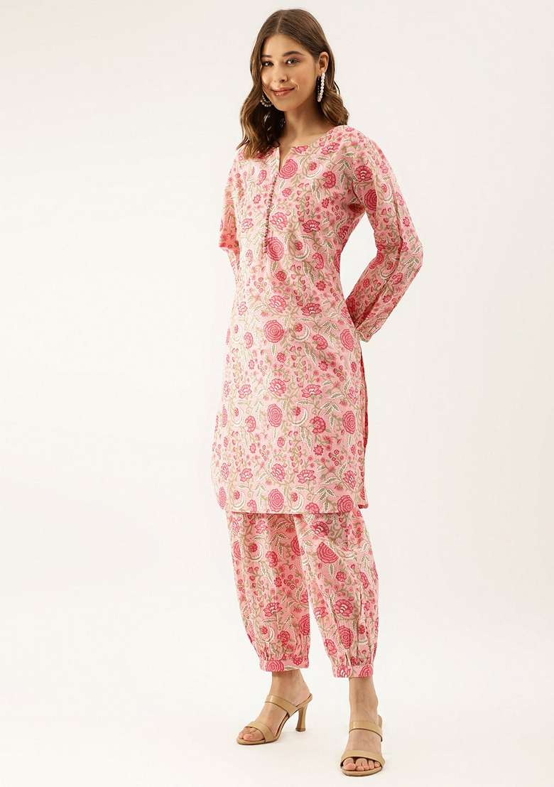 Pink Floral Print Cotton Co Ord Set - Indya
