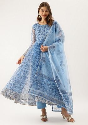 Sky Blue Floral Print Organza Anarkali Set