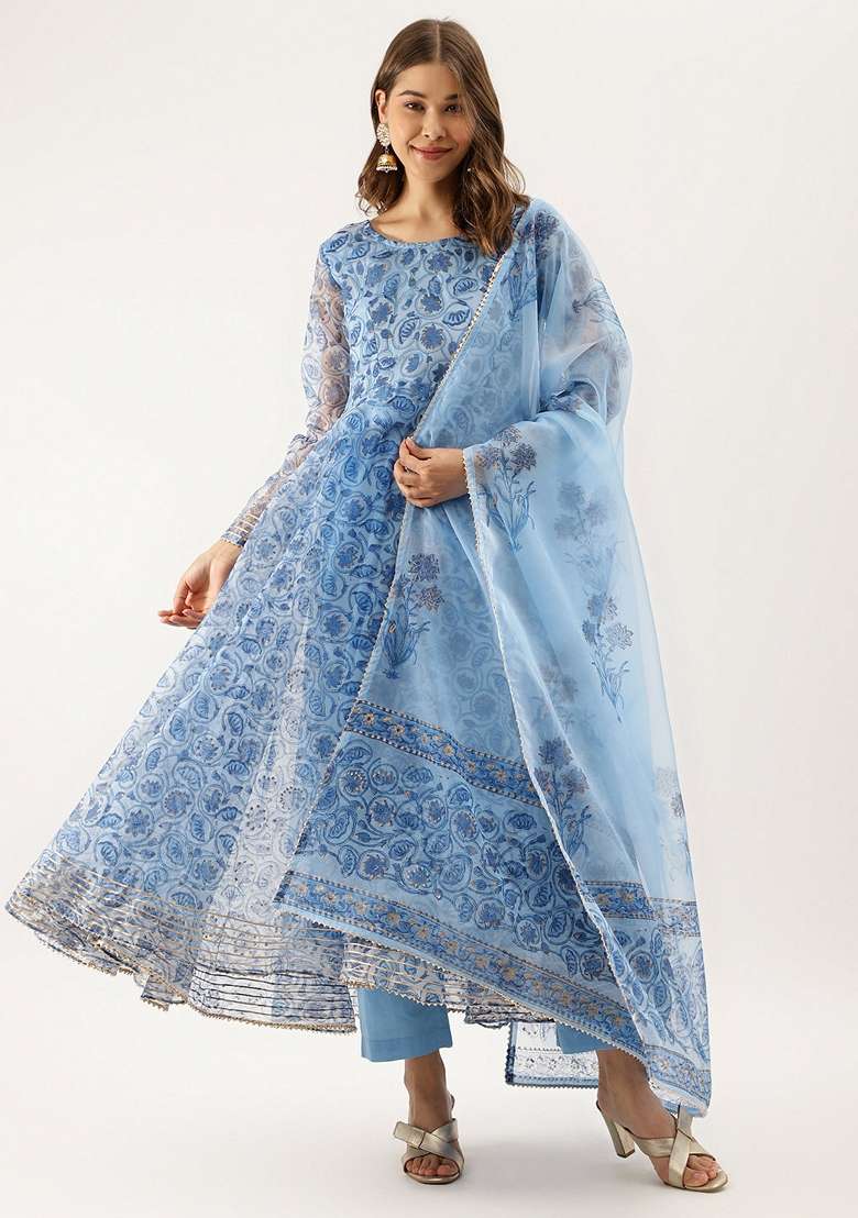 Sky Blue Floral Print Organza Anarkali With Dupatta - Indya
