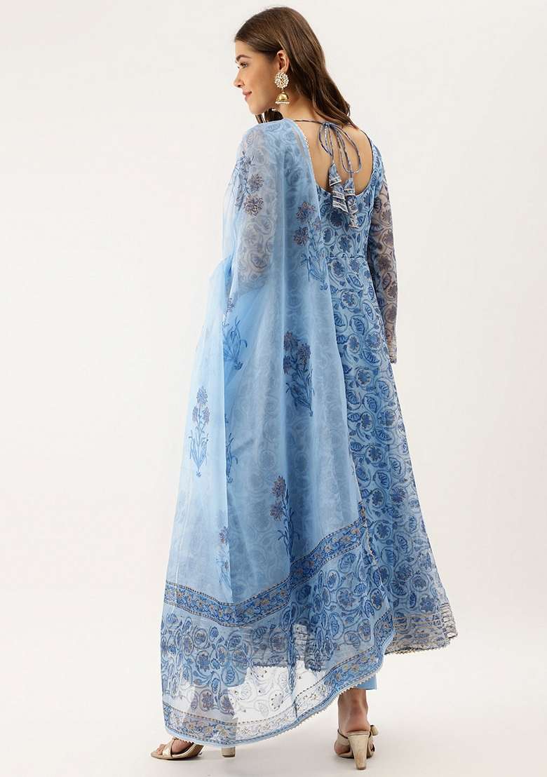 Sky Blue Floral Print Organza Anarkali With Dupatta - Indya