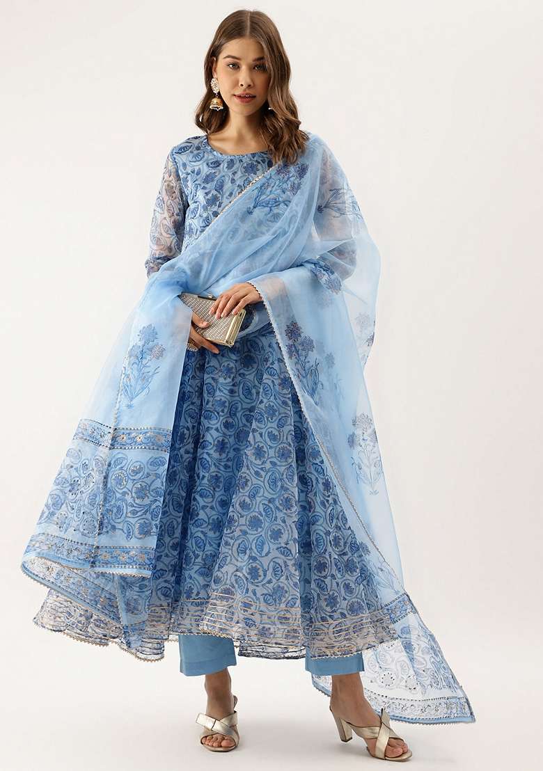 Sky Blue Floral Print Organza Anarkali With Dupatta - Indya