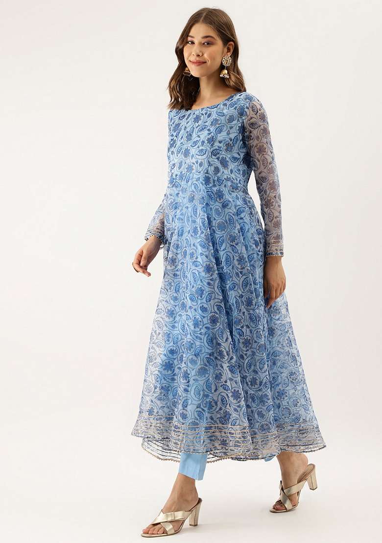 Sky Blue Floral Print Organza Anarkali With Dupatta - Indya