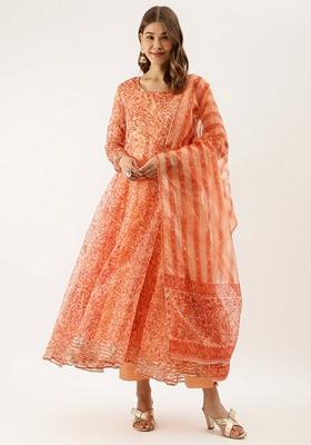 Orange Floral Print Organza Anarkali With Dupatta