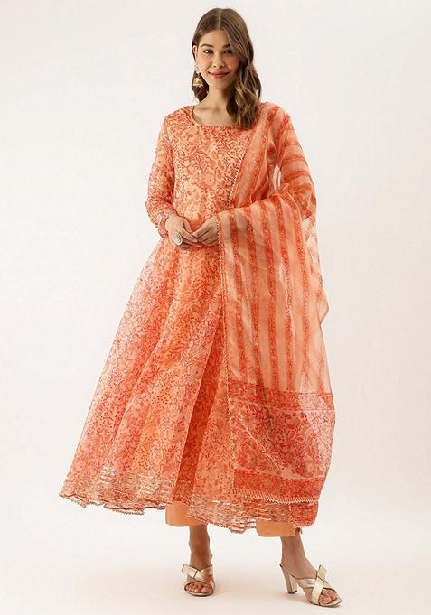 Orange Floral Print Organza Anarkali Set