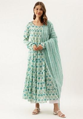 Green Floral Print Cotton Kurta Set