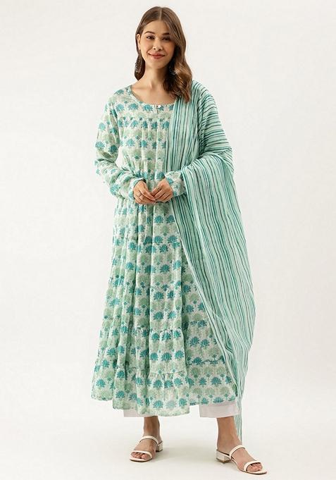 Green Floral Print Cotton Kurta Set