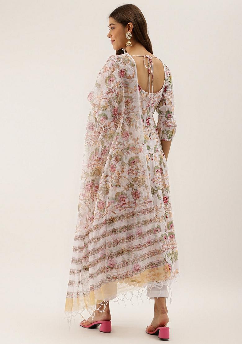 White Floral Print Cotton Anarkali Set