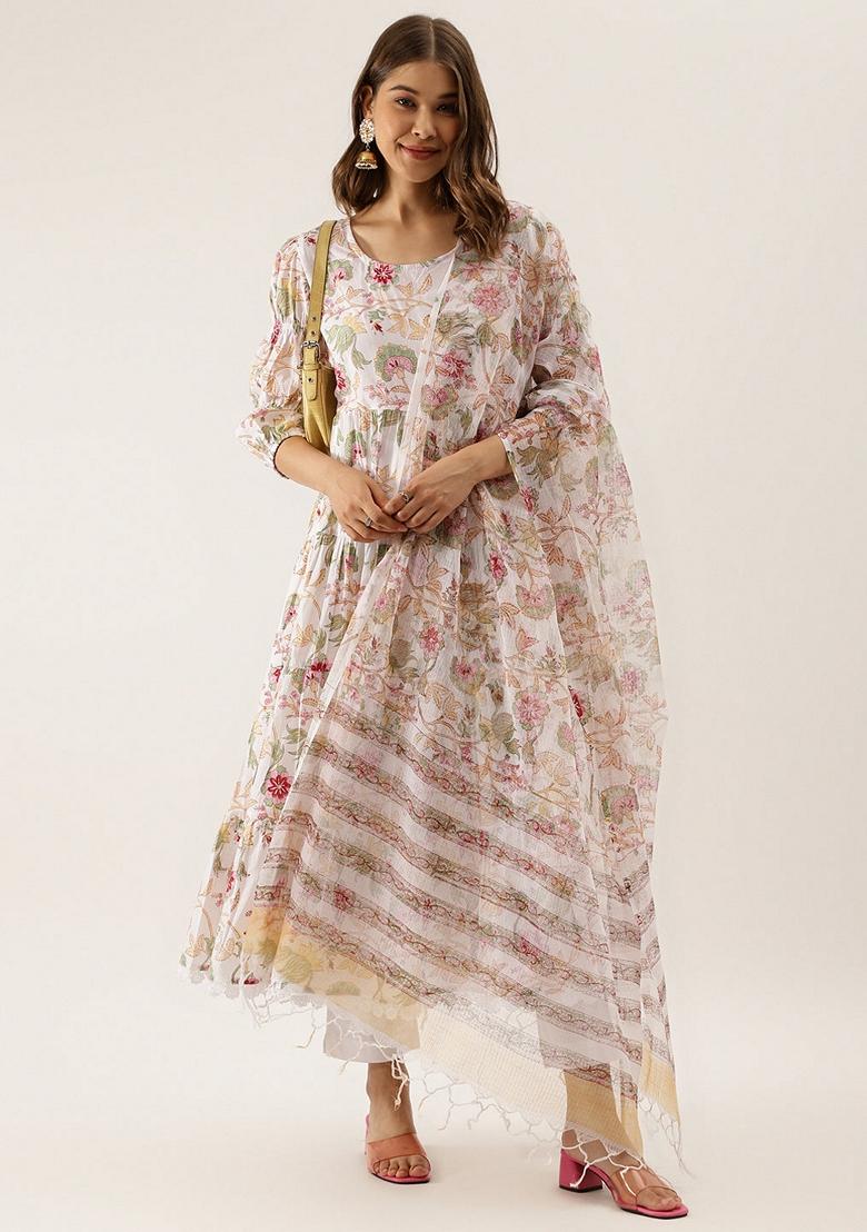 White Floral Print Cotton Anarkali Set