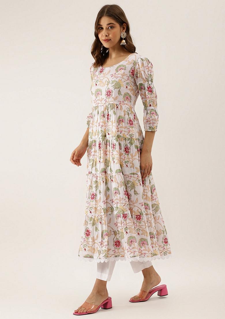 White Floral Print Cotton Anarkali Set