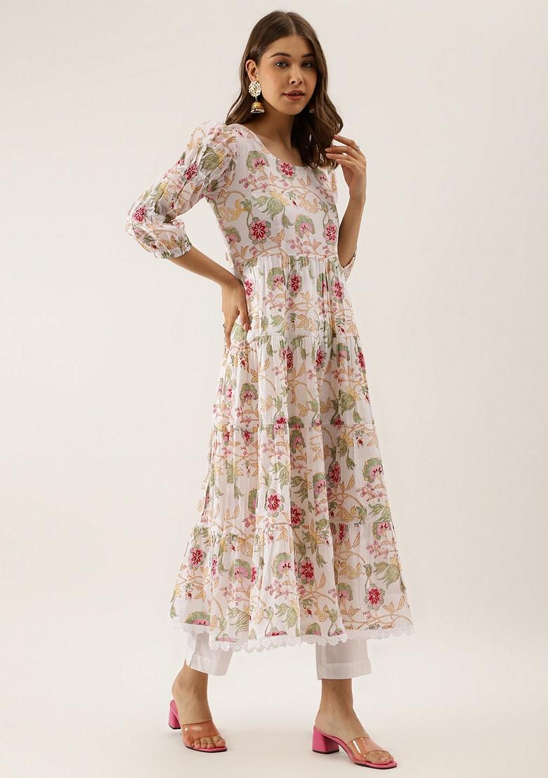 White Floral Print Cotton Anarkali Set