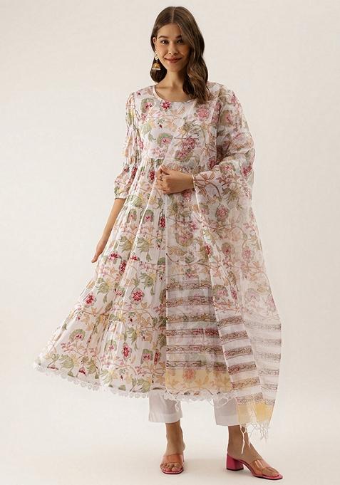 White Floral Print Cotton Anarkali Set