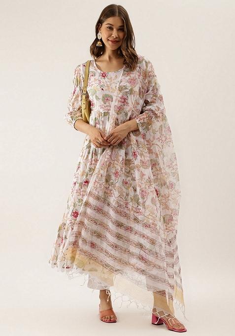White Floral Print Cotton Anarkali Set