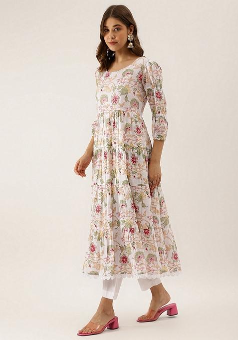 White Floral Print Cotton Anarkali Set