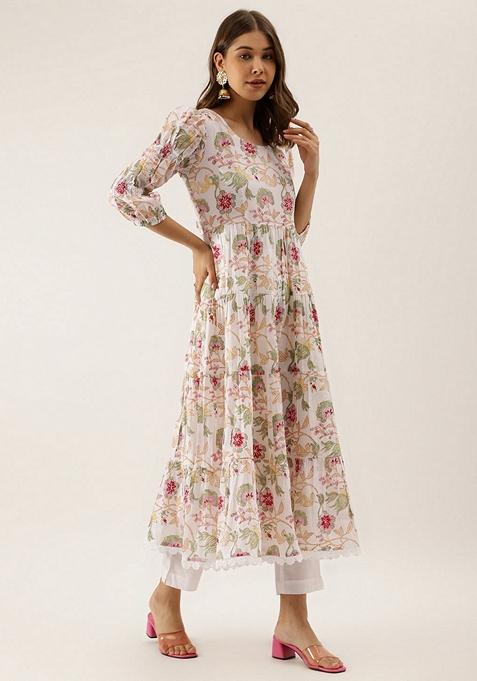 White Floral Print Cotton Anarkali Set