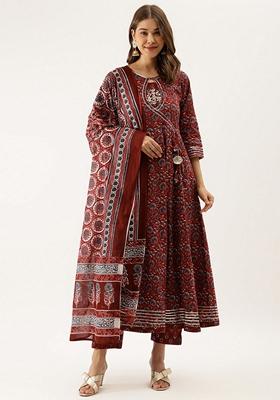 Maroon Floral Print Cotton Anarkali Set