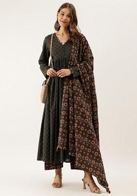 Green Floral Print Cotton Kurta Set