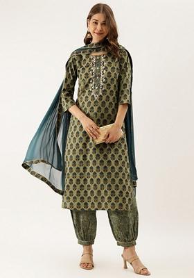 Green Floral Print Cotton Kurta Set
