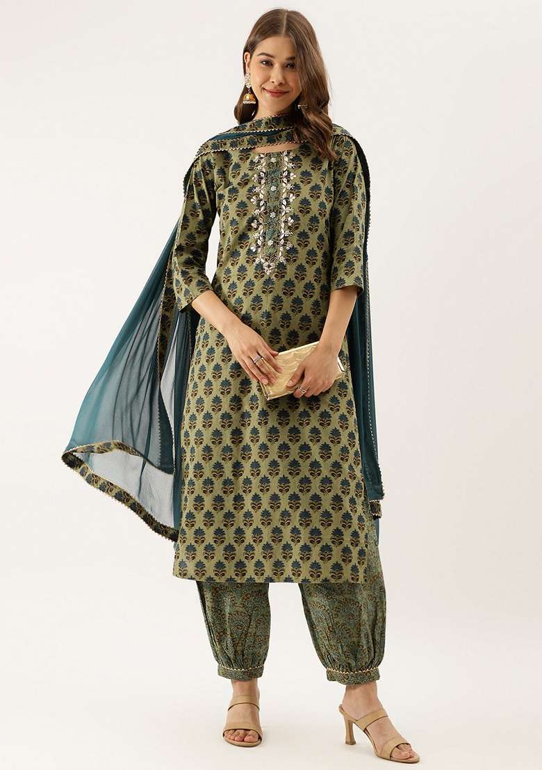 Green Printed Cotton Straight Kurta Set - Indya