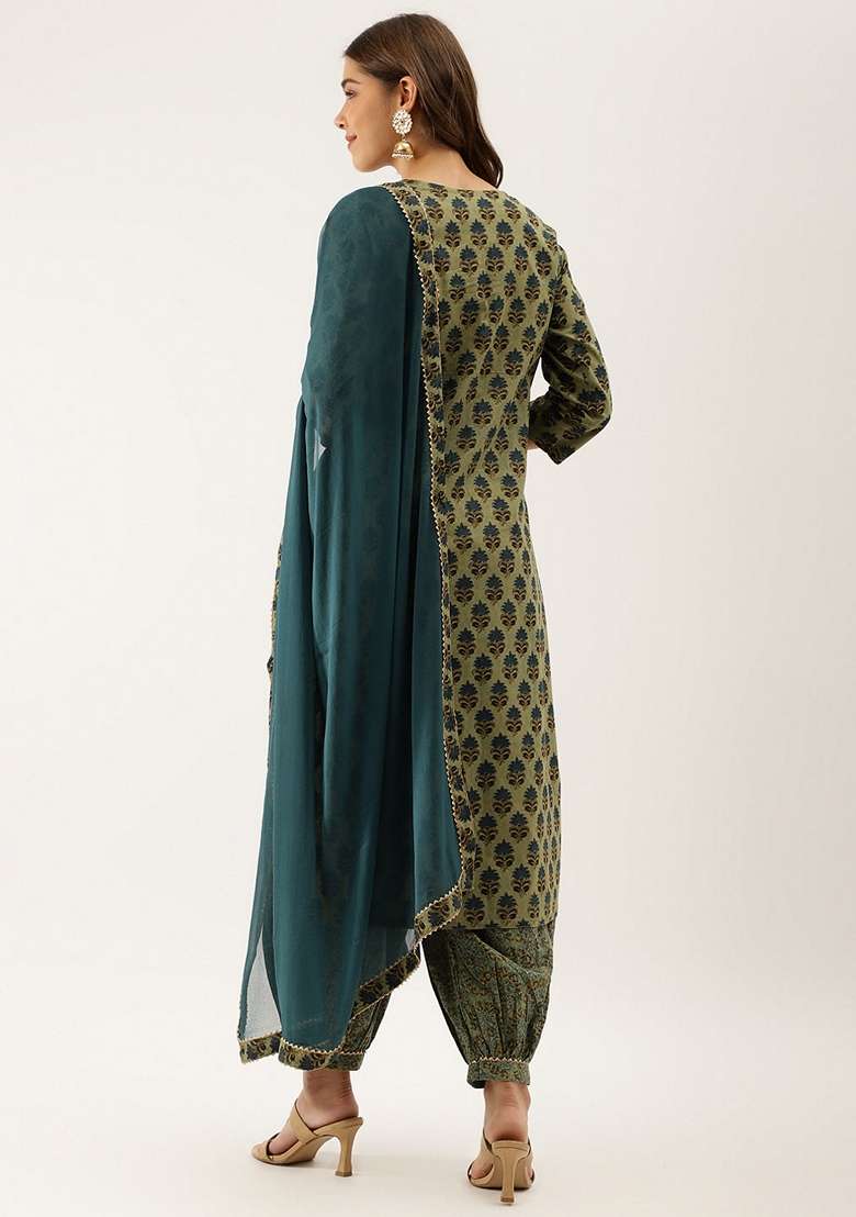 Green Printed Cotton Straight Kurta Set - Indya