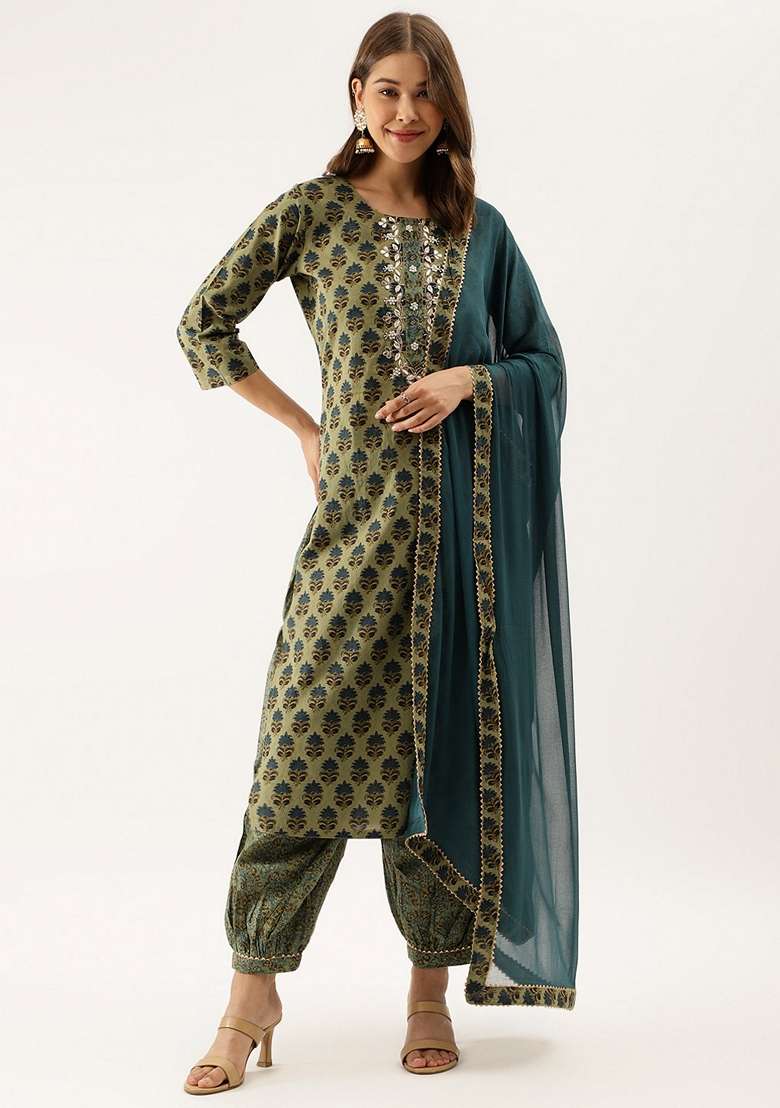 Green Printed Cotton Straight Kurta Set - Indya