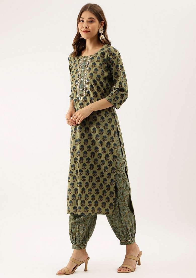 Green Printed Cotton Straight Kurta Set - Indya