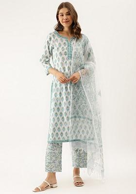 White Floral Print Cotton Kurta Set