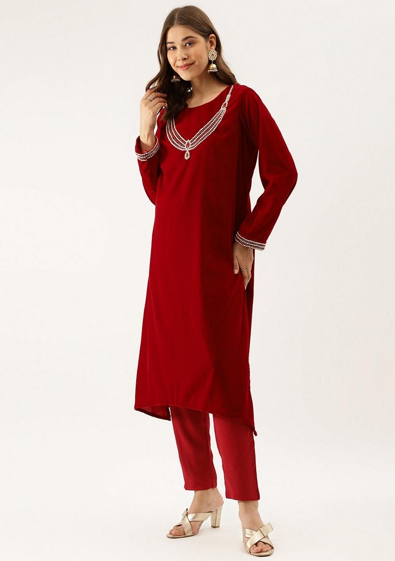 Maroon Embroidered Velvet Kurta Set - Indya