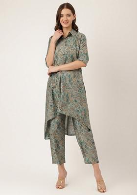 Blue Printed Silk Blend Co-Ords Set