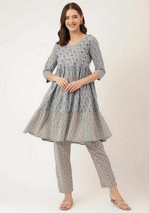 Sky Blue Floral Print Pure Cotton Kurta Set