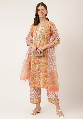 Yellow Floral Print Pure Cotton Kurta Set