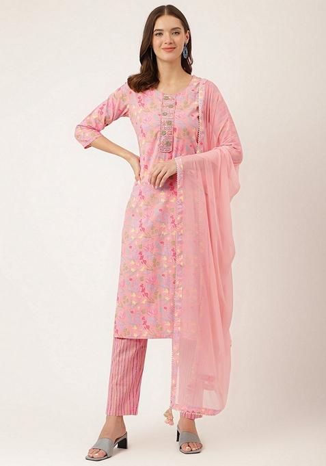 Pink Floral Print Pure Cotton Kurta Set