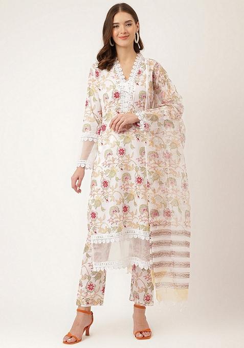 White Floral Print Pure Cotton Kurta Set