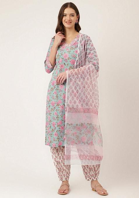 Sea Green Floral Print Pure Cotton Kurta Set