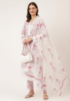 White Floral Print Pure Cotton Kurta Set