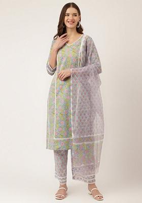 Blue Floral Print Pure Cotton Kurta Set